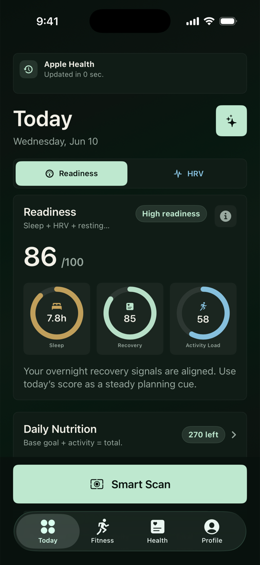 EmeraldLiving Today view showing readiness score, sleep, recovery, activity load, and daily nutrition